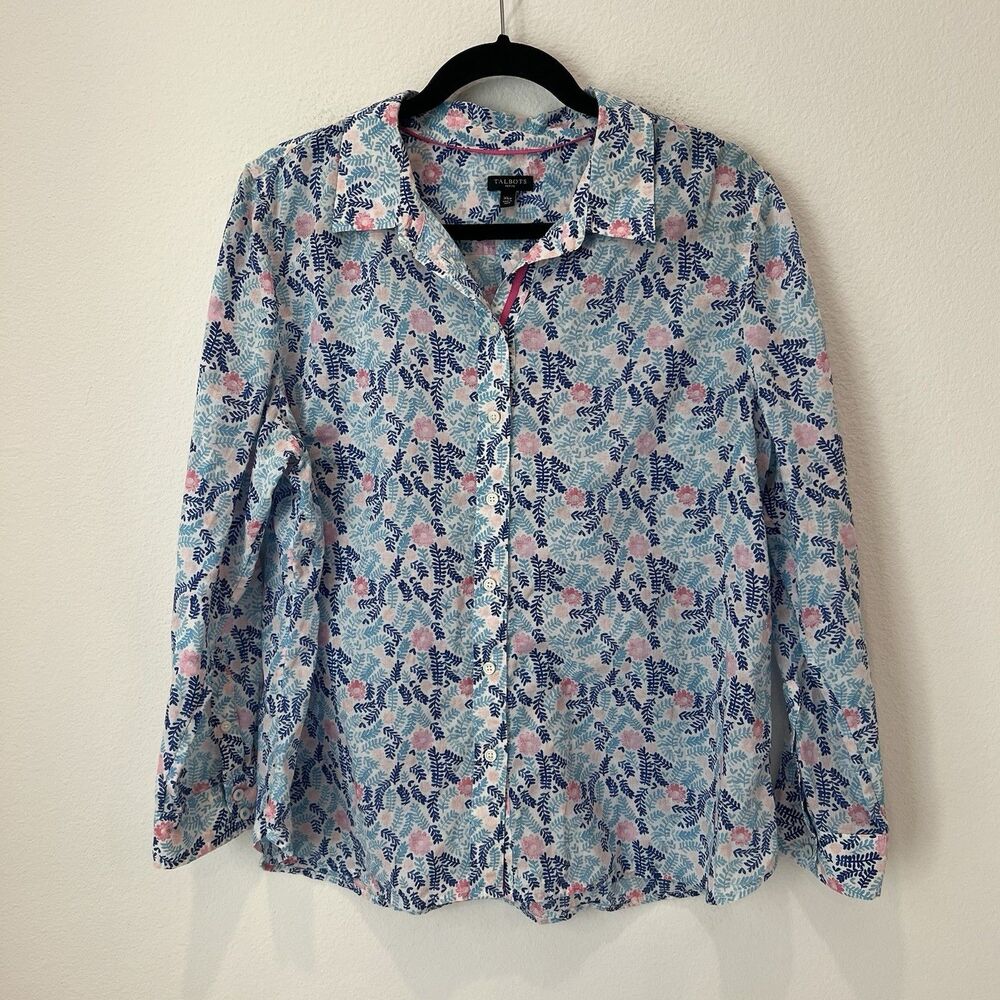 Talbots CLASSIC COTTON SHIRT FLORAL FERNS Button-Up top women’s XL petite - Picture 2 of 8